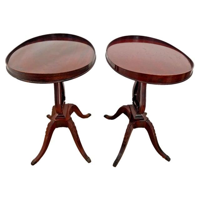 Wood Vintage Mersman Accent Oval Side Tables, Lyre Harp Base, Mahogany Set of Two For Sale - Image 7 of 18