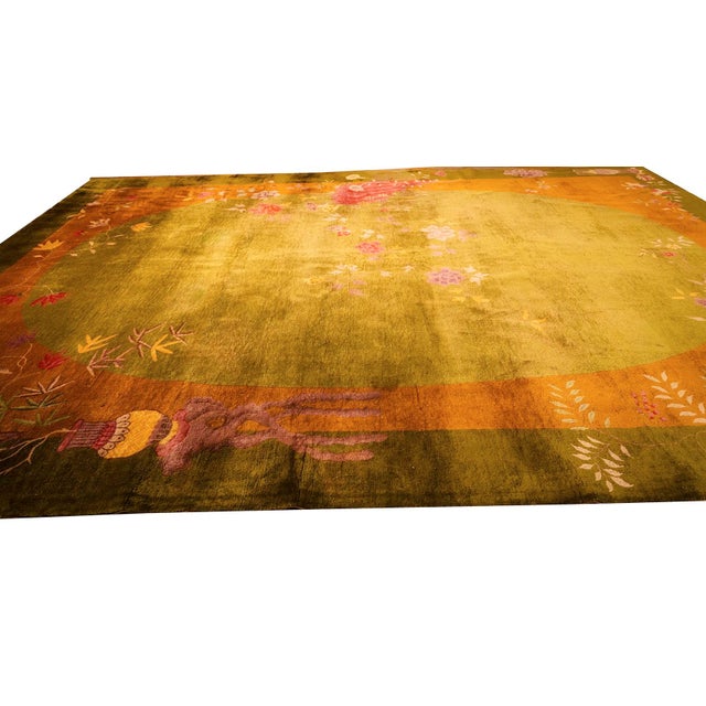 1920s Green Floral Minimalist Knotted Wool Antique Chinese Art Deco Carpet Rug For Sale - Image 10 of 11