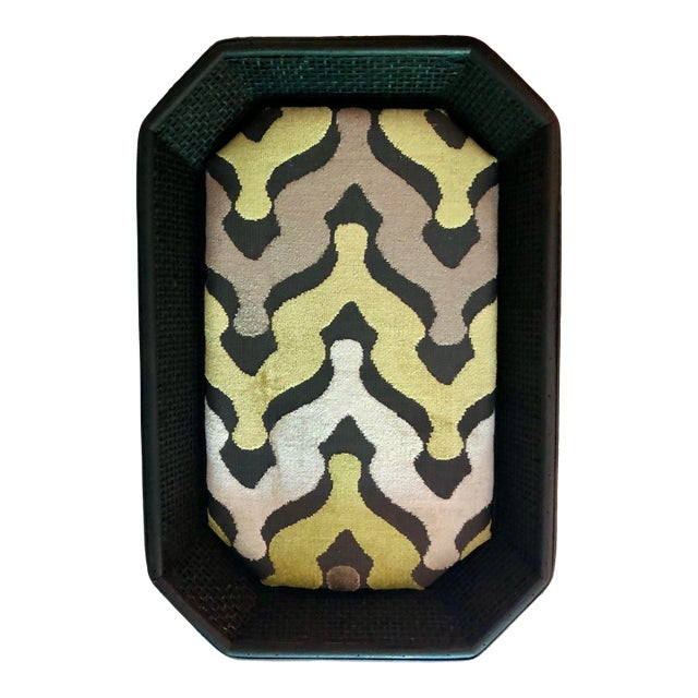 1970s Black Wicker Octagon Tray With Removable Geometric Fabric Padded Insert For Sale