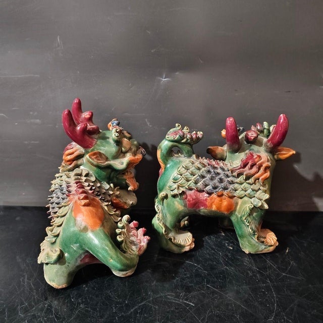 Green Vintage Shiwan Ware Foo Dog Statues | Pair of Ceramic Guardian Lions / Pixiu | 8" Tall For Sale - Image 8 of 9