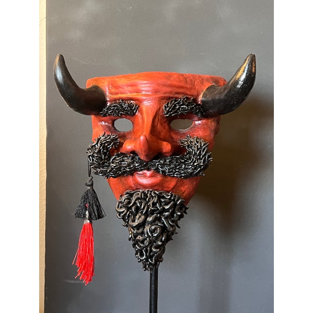 Baroque Rare Vintage Decorative Hand Carved & Painted Sculptural Display Mask Representing a Devil For Sale - Image 3 of 13