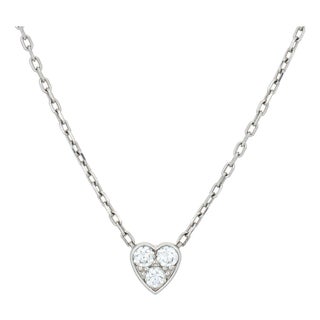 Mid 20th Century Cartier Diamond Heart Necklace 18k White Gold 16" Choker Estate Signed Jewelry For Sale