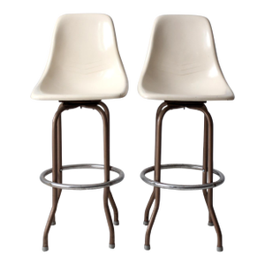 Mid Century Fiberglass Shell Swivel Bar Stools Pair