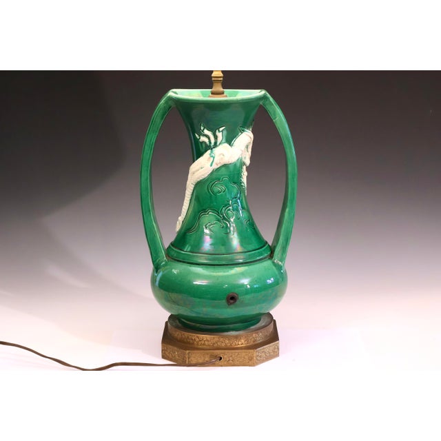 1920s Antique Awaji Pottery Dragon Arts and Crafts Green Lamp For Sale - Image 5 of 9