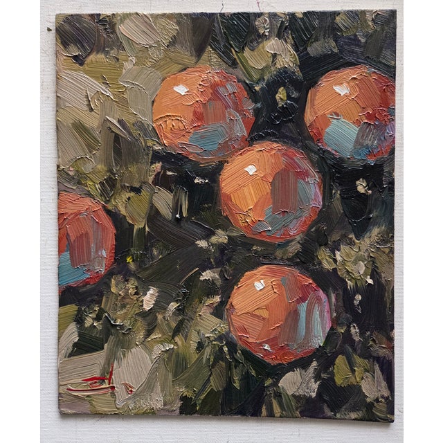 An impressionist oil painting of oranges hanging on a tree, by UK based artist Vivek Mandalia. Frame and hang in your...