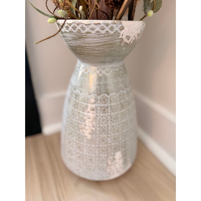 Ceramic Large Robin’s Egg Blue/White and Brushed Gold Distressed Ceramic Vase | Textured Floor Vase For Sale - Image 7 of 9