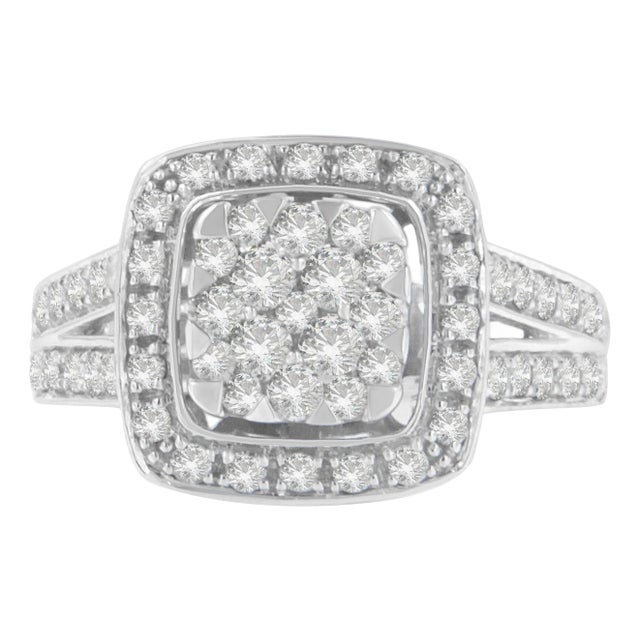 10K White Gold Diamond Cluster Ring (1 Cttw, H-I Color, SI2-I1 Clarity) - Size 6-3/4 For Sale