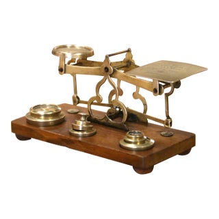 Early 20th Century English Brass Postal Scale With Weights on Oak Base For Sale