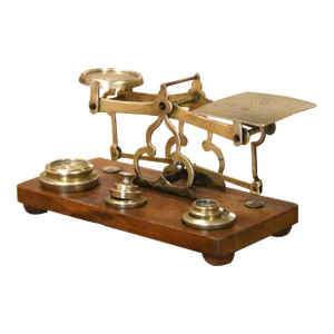 Early 20th Century English Brass Postal Scale With Weights on Oak Base
