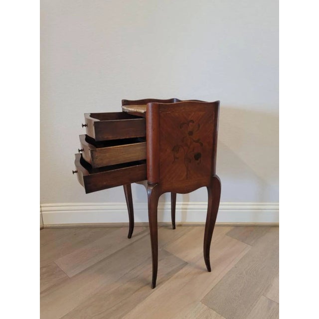 Wood 19th Century French Louis XV Style Marquetry Inlaid Marble Top Nightstand For Sale - Image 7 of 13