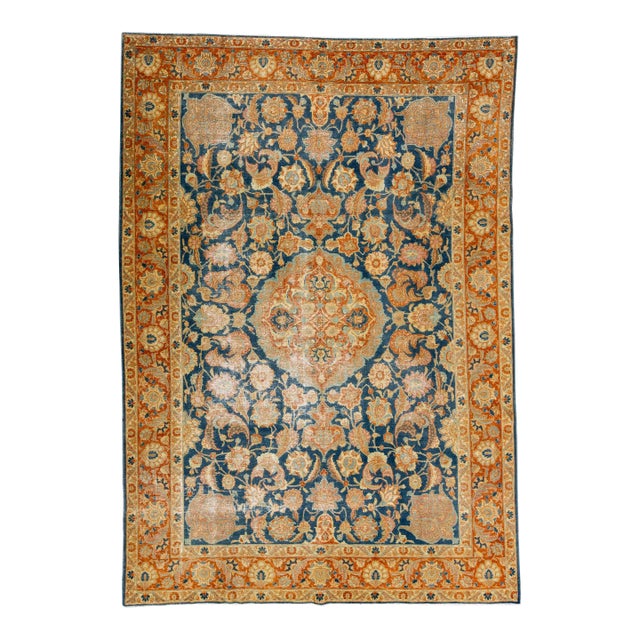 1960s Vintage Persian Distressed Handmade Floral Blue Wool Rug For Sale