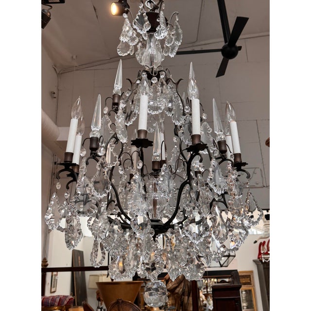 19th Century Style French Crystal & Bronze Patinated Chandelier.