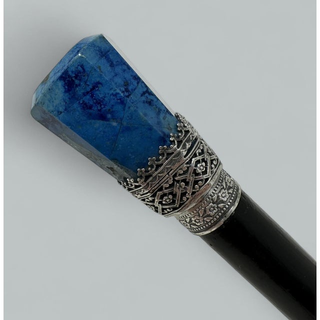 Antique Vintage Wooden Ebony Lapis Lazuli Walking Stick Cane Sterling Silver 19c For Sale - Image 6 of 9