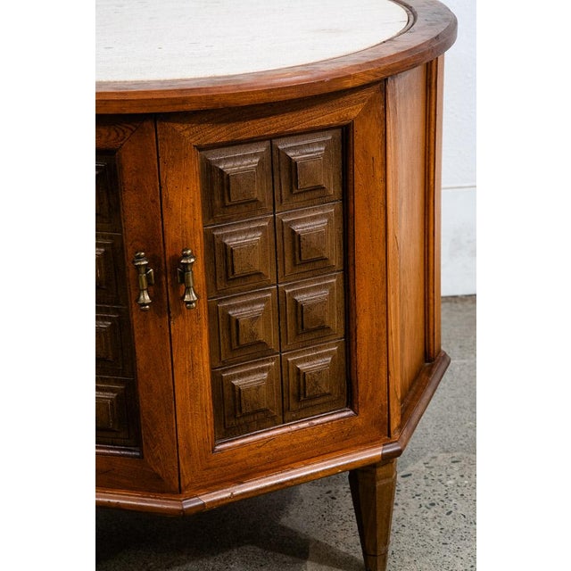 Wood 1960s Mid Century Modern Side Table End Nightstand Round Travertine Top Door Vintage For Sale - Image 7 of 12