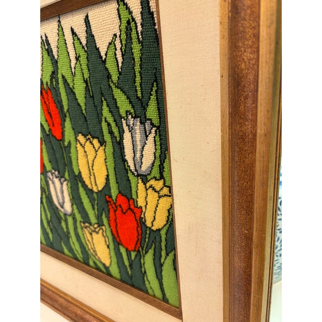 Vintage Framed Tulip Needlepoint Textile Art Scandinavian Modern Solid Wood Frame For Sale - Image 4 of 12