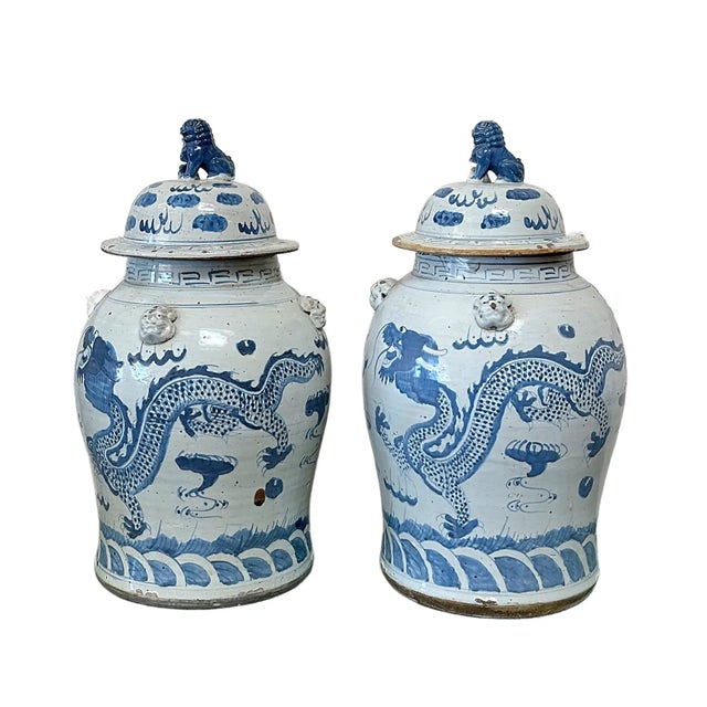 This attractive pair of contemporary large blue & white Chinese porcelain temple / ginger jars. This large Baluster vase...