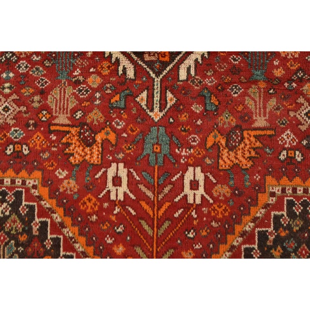 Red Shiraz Rug 3’10” X 5′ Red Wool Vintage Tribal Hand-Knotted Oriental Carpet For Sale - Image 8 of 13