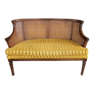 Mid Century Vintage Walnut Wood and Cane Settee With Gold Velvet Cushion For Sale