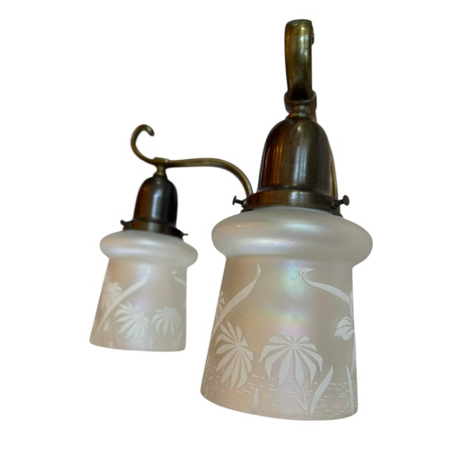 American Rare Pair of Double Brass Wall Sconces With Botanical Frosted Etched Shades For Sale - Image 3 of 7