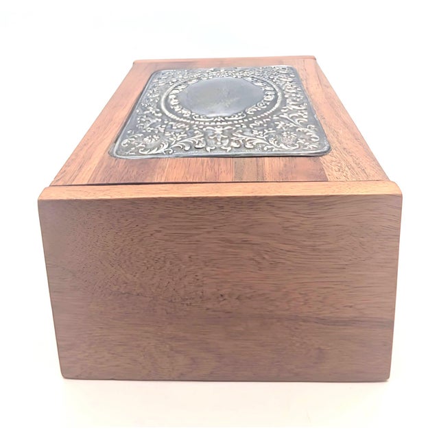 Victorian Late 20th Century Handcrafted Wood Jewelry Box With Decorative Sterling Silver Plaque For Sale - Image 3 of 14