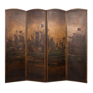 20th Century Oil Painted on Leather Room Screen, 1920s For Sale