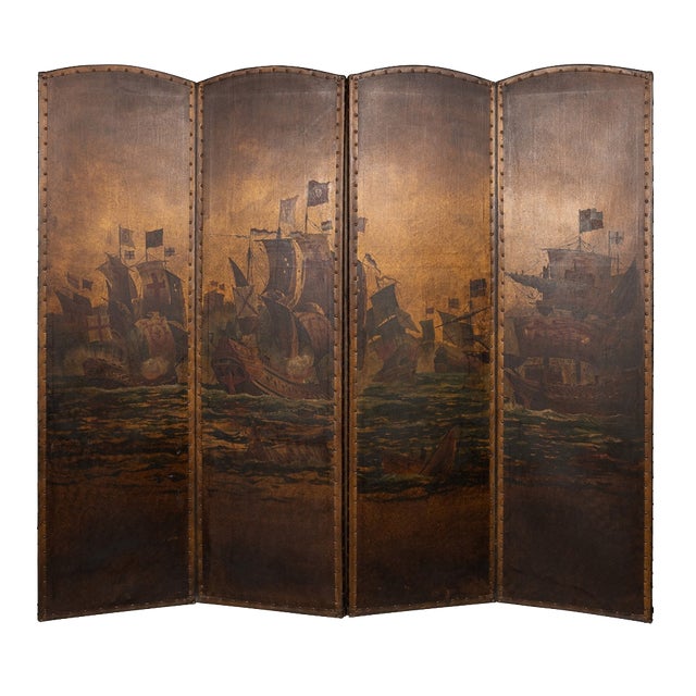 20th Century Oil Painted on Leather Room Screen, 1920s For Sale