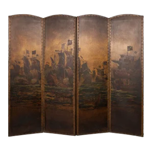 20th Century Oil Painted on Leather Room Screen, 1920s
