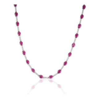 Natural 8.90ct Ruby & 1.24ct Diamond Riviera Tennis Necklace in 14k White Gold For Sale