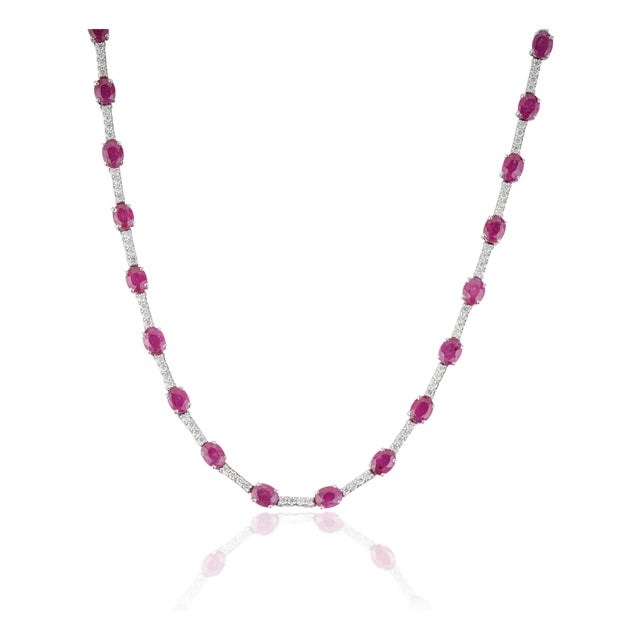 Natural 8.90ct Ruby & 1.24ct Diamond Riviera Tennis Necklace in 14k White Gold For Sale