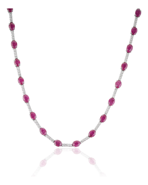 Natural 8.90ct Ruby & 1.24ct Diamond Riviera Tennis Necklace in 14k White Gold