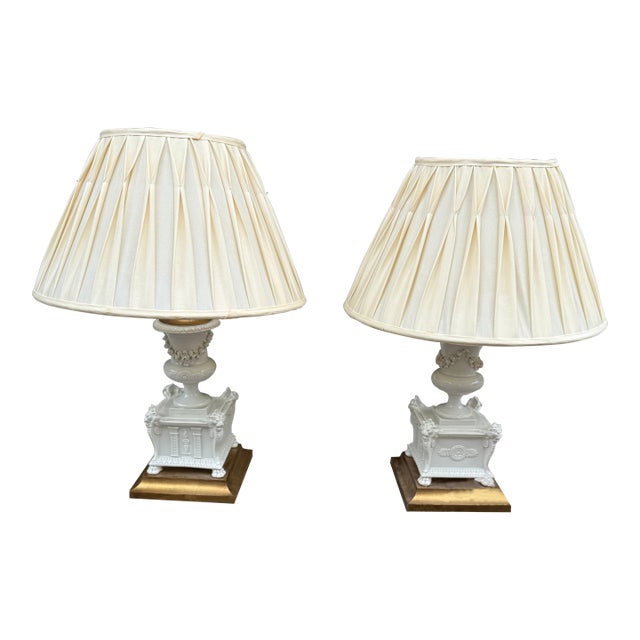 Pair of White Porcelain Flower Encrusted Lamps For Sale