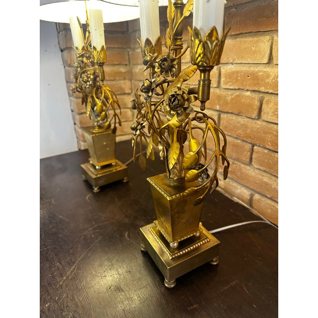 1960s Pair of Mid-Century Italian Gilt Botanical Candelabra Lamps For Sale - Image 5 of 12