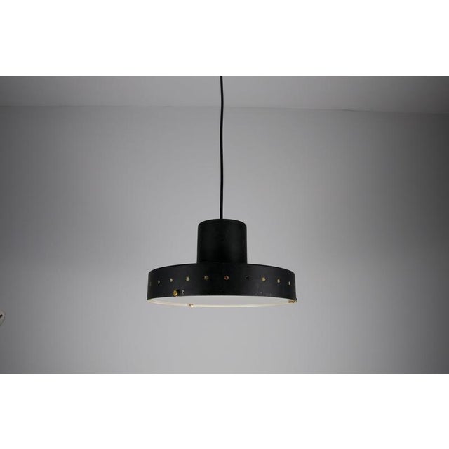 Black Metal and Opaline Glass Pendant Lamp attributed to Stilnovo, Italy, 1960s For Sale - Image 4 of 13