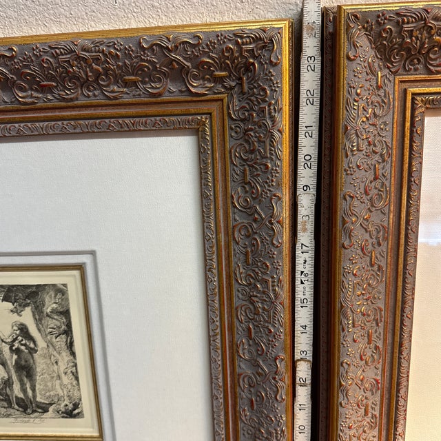 1980s Rembrandt Van Rijn.Etching of Adam and Eve by the Dutch Master Framed Gold Frame With Linen Lining Mat For Sale - Image 5 of 7