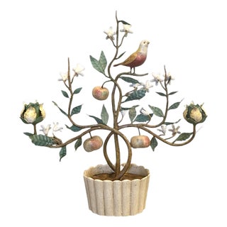 Vintage Italian Tole Espalier / Espaliered Tree Sculpture, Fruit Tree, Bird, Blossoms, & Apples in Scalloped Oval Pot For Sale