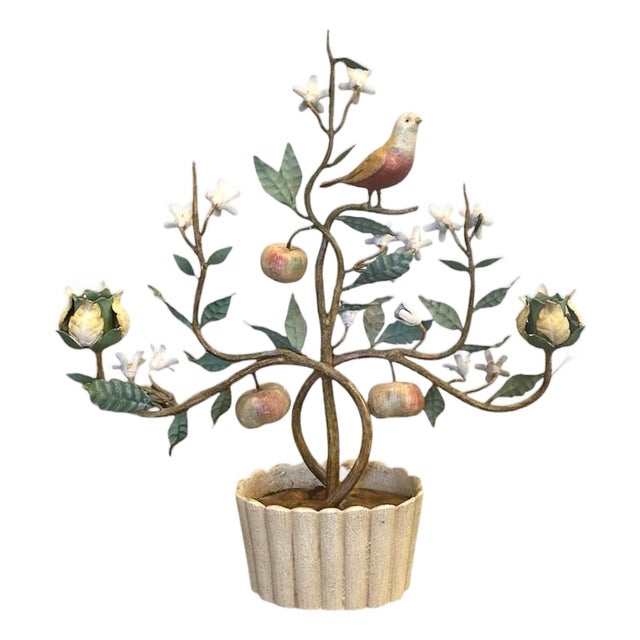 Vintage Italian Tole Espalier / Espaliered Tree Sculpture, Fruit Tree, Bird, Blossoms, & Apples in Scalloped Oval Pot For Sale