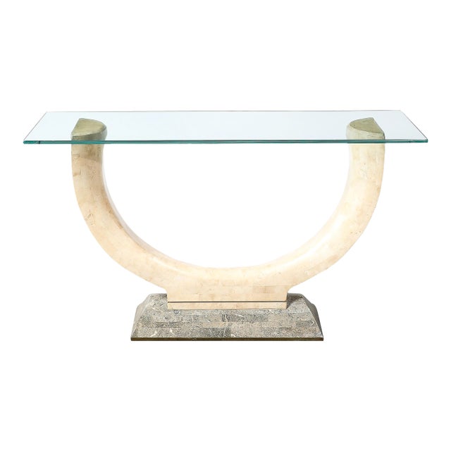 Mid-Century Tessellated Stone Console Table W/ Brass Inlays by Maitland Smith For Sale