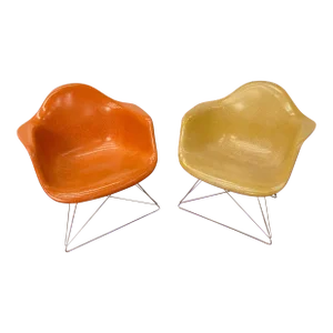 Pair of Eames Lar Cat's Cradle Base Fiberglass Arm Shell Lounge Chairs 1960's