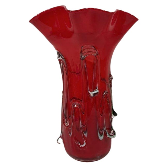 Contemporary Vintage Fazzoletto Murano Textured Red Art Glass Vase For Sale - Image 3 of 14