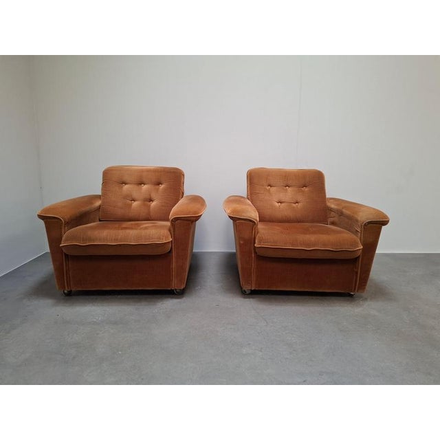 Textile Mid-Century Modern Czech Lounge Armchairs with Rolling Casters, 1970, Set of 2 For Sale - Image 7 of 18