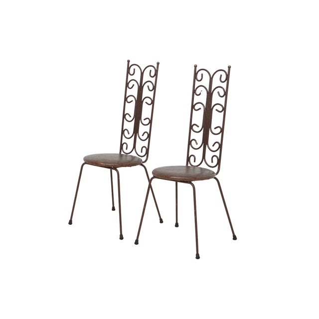 - 39.75"h, 17"h, 18.25"d, 17,5" seat height - Painted iron, textured brown vinyl upholstery - Condition: Good; some areas...