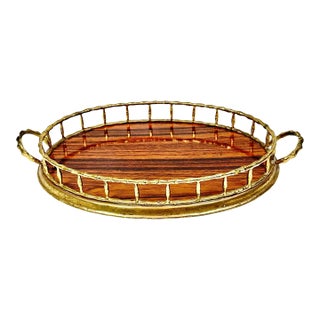 Vintage Faux Bamboo Brass and Faux Wood Tray For Sale