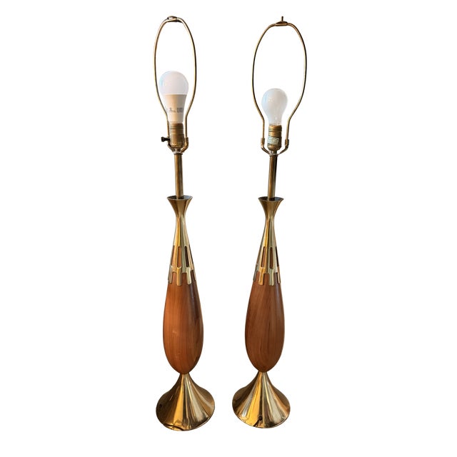 A stunning matched pair of mid-century modern table lamps designed by Tony Paul for Westwood Industries, circa 1950s. Each...