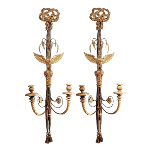 Large Italian Black Painted and Parcel Gilt Two Light Sconces- A Pair