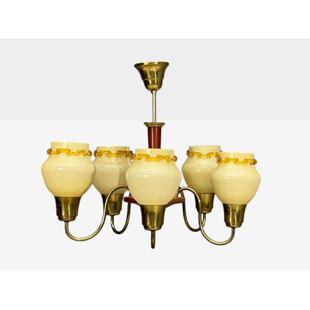 1950s Swedish Modern, Chandelier, Brass, Wood, Yellow Glass For Sale - Image 4 of 11