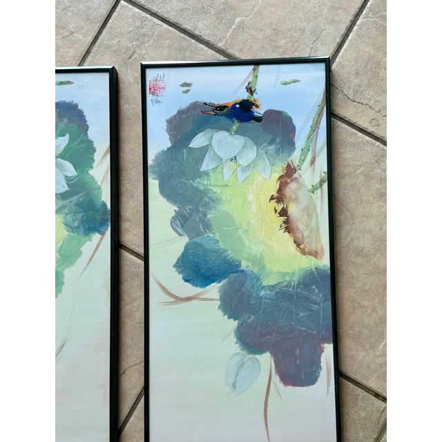 Set 3 Chinese Watercolor Paintings Kingfishers & Lotus Flowers, Framed For Sale - Image 13 of 18
