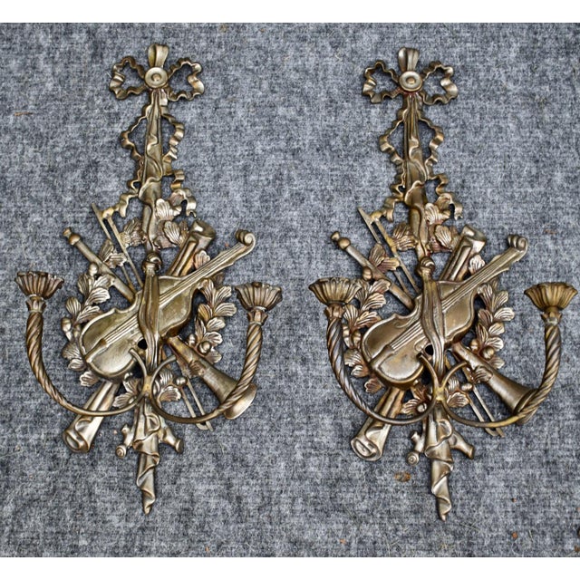Vintage (1940's) Pair of Candle Sconces have an Ornate French Regency Style. Made of Brass. Musical Instruments. Violin,...