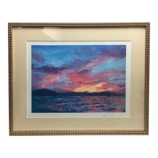 Late 20th Century Wonderful Gouache Watercolor of Vibrant Sunset Initialed For Sale