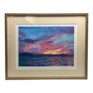 Late 20th Century Wonderful Gouache Watercolor of Vibrant Sunset Initialed