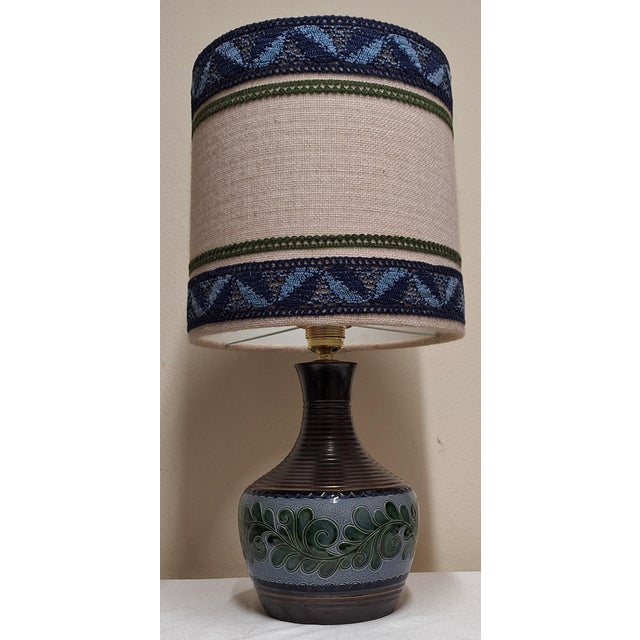 Textile Vintage Table Lamp with Blue-Brown Ceramic Base and Fabric Shade, 1970s For Sale - Image 7 of 8